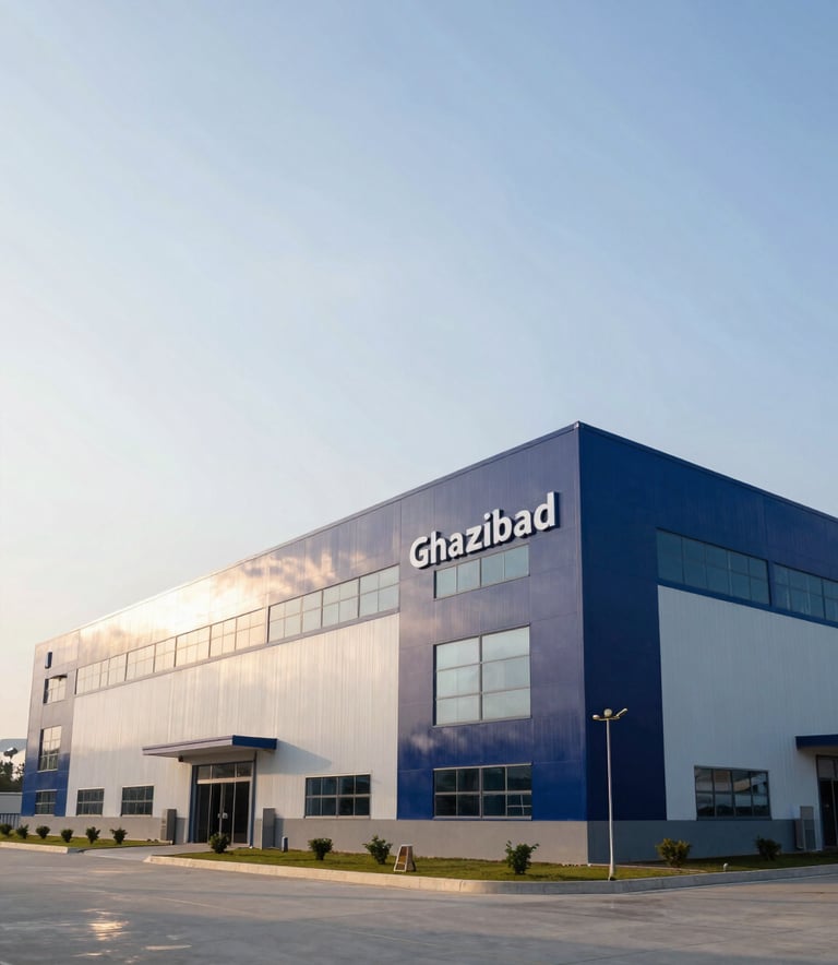 A wide-angle professional photograph of a modern industrial facility in Ghaziabad during daylight. The architecture is clean and corporate, with accents of deep navy and soft blue under a bright sky, reflecting a trustworthy manufacturing brand.
