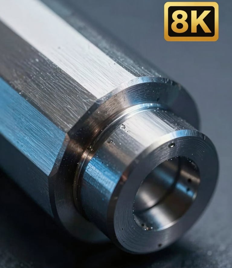 Macro photography of a precision-machined steel component showing intricate detail and smooth finishing. The lighting creates soft blue reflections on the metallic surface.