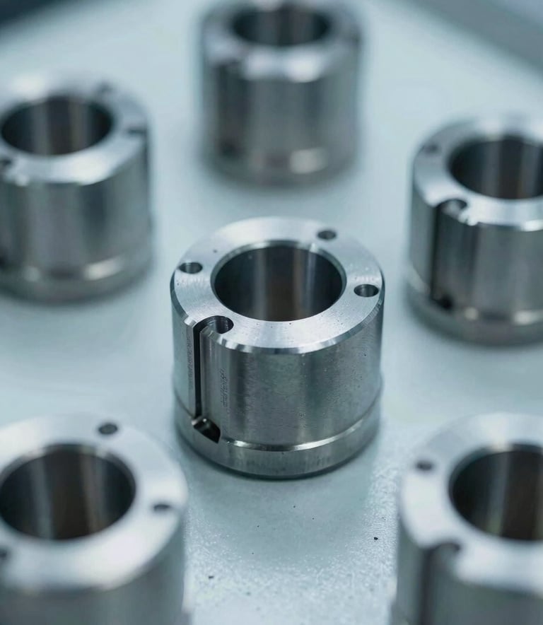 A close-up photograph of high-precision machined steel components resting on a workshop surface. The lighting is crisp and cool, featuring tones of industrial blue and mist white, emphasizing the fine metallic texture and precision engineering of the parts.