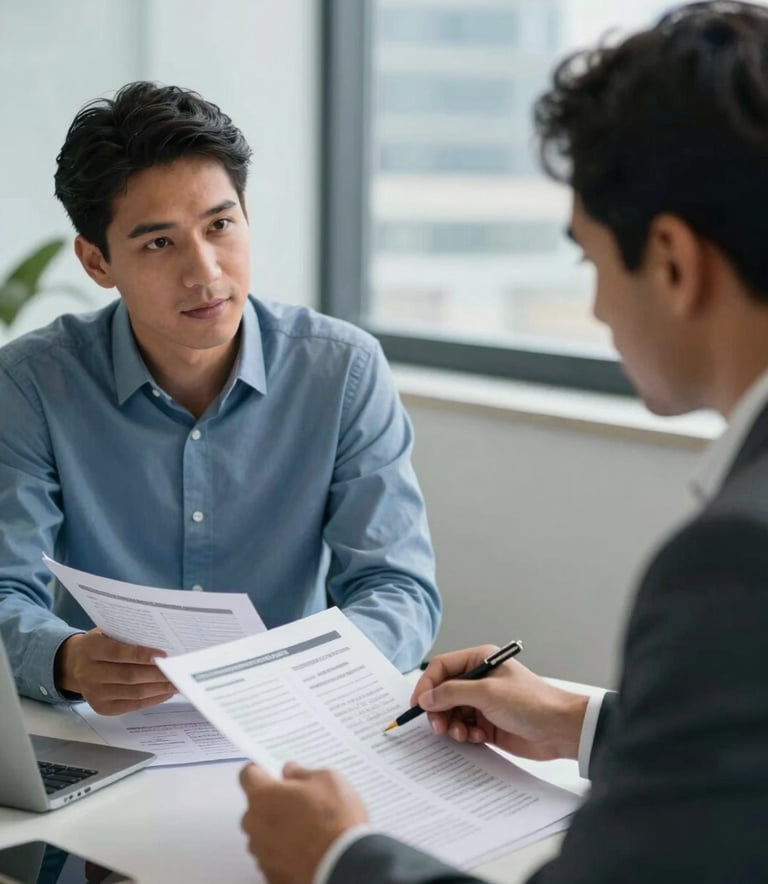 Two professionals in a South American / Brazilian office sharing a meeting over financial spreadsheets. The lighting is bright and modern, incorporating a slate blue and light blue color palette.
