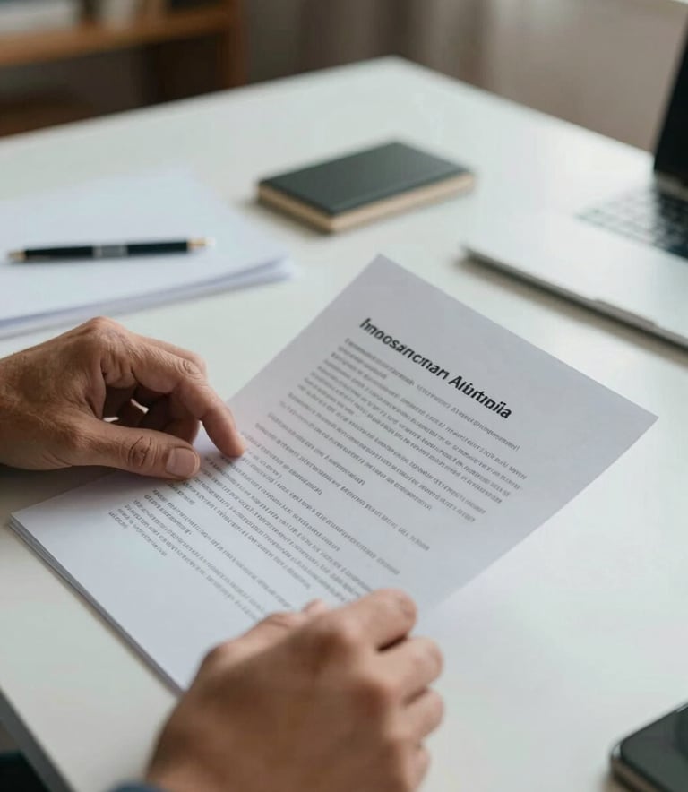 A close-up of a person's hands organizing financial documents on a clean desk in a South American / Brazilian home office. Warm natural light, professional and calm mood, featuring a palette of soft light blue.