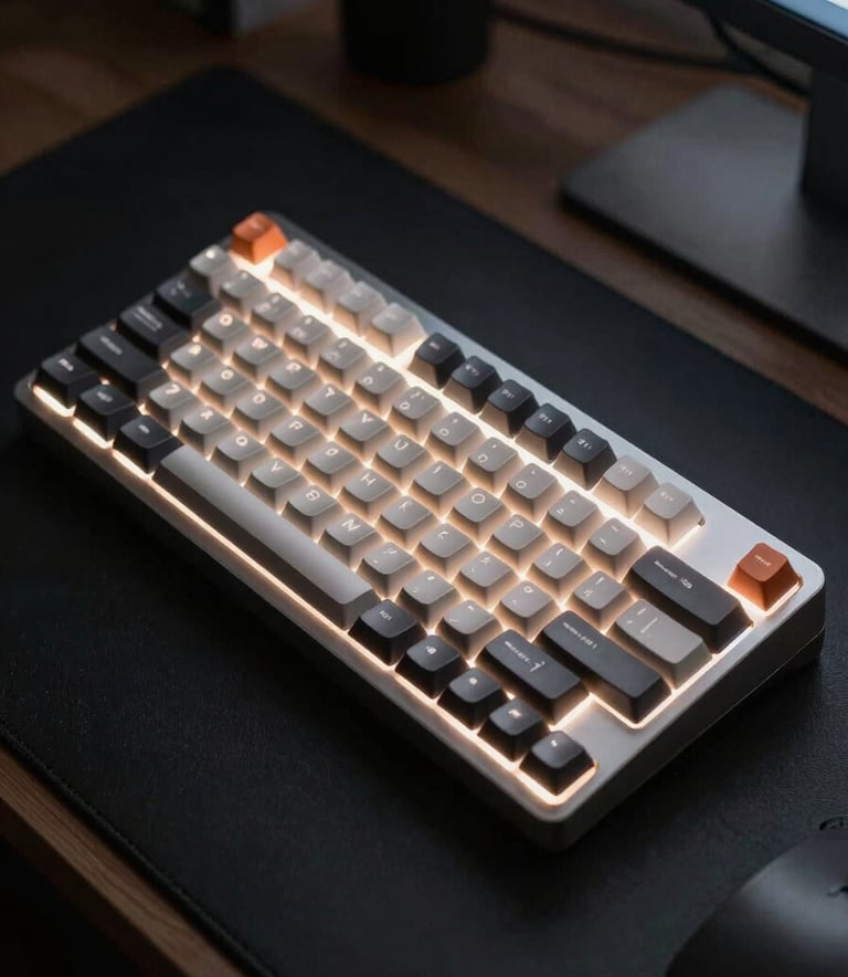 A high-angle, minimalist close-up of a high-end mechanical keyboard on a midnight black desk. Soft frost white backlighting glows under the keys. The scene is set in a modern North American / US office environment with sharp lighting and clean lines.