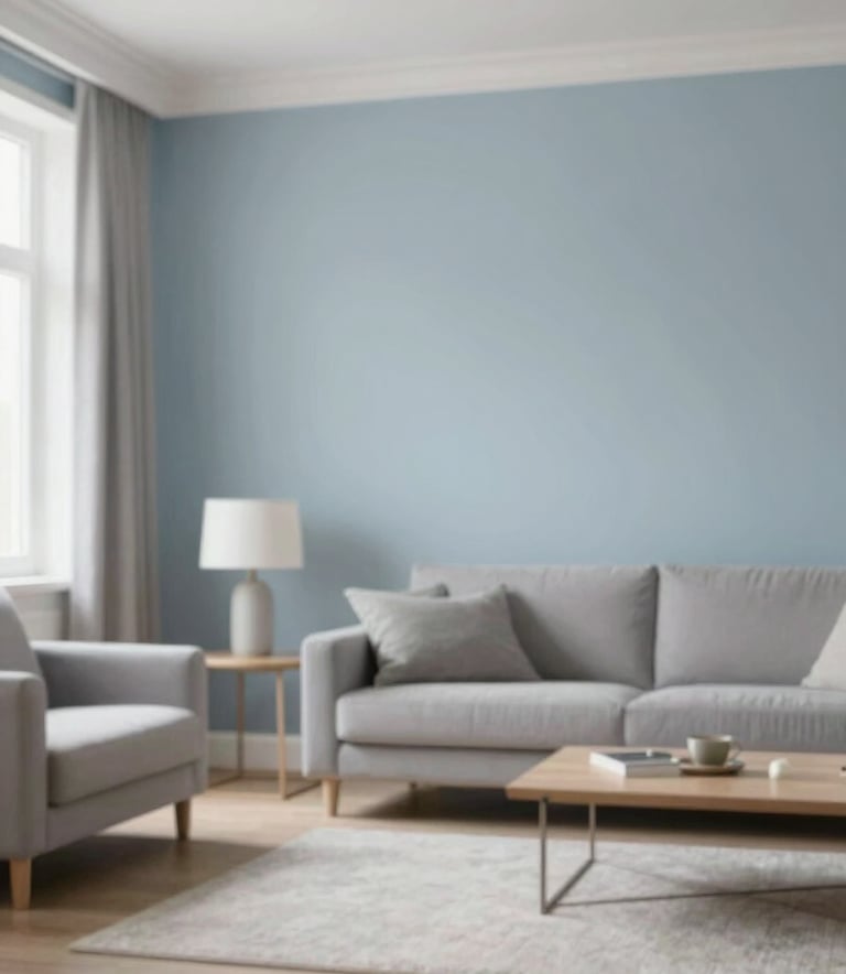 Interior shot of a living room with freshly painted walls in a soft blue-grey #B0BEC5. The finish is smooth and professional. Minimalist, modern furniture, soft natural lighting from a window.