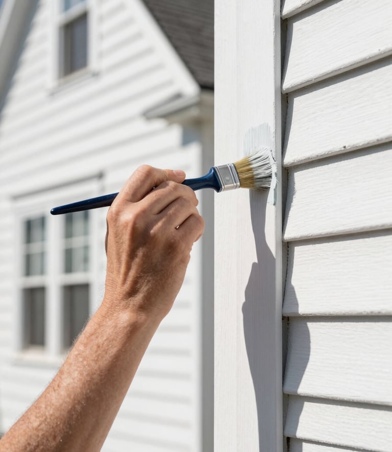 Close up of a professional painter's hand using a high-quality brush to paint exterior trim on a clean white Connecticut home. Bright daylight, crisp edges, professional and reliable vibe. Hints of #546E7A in the shadows.