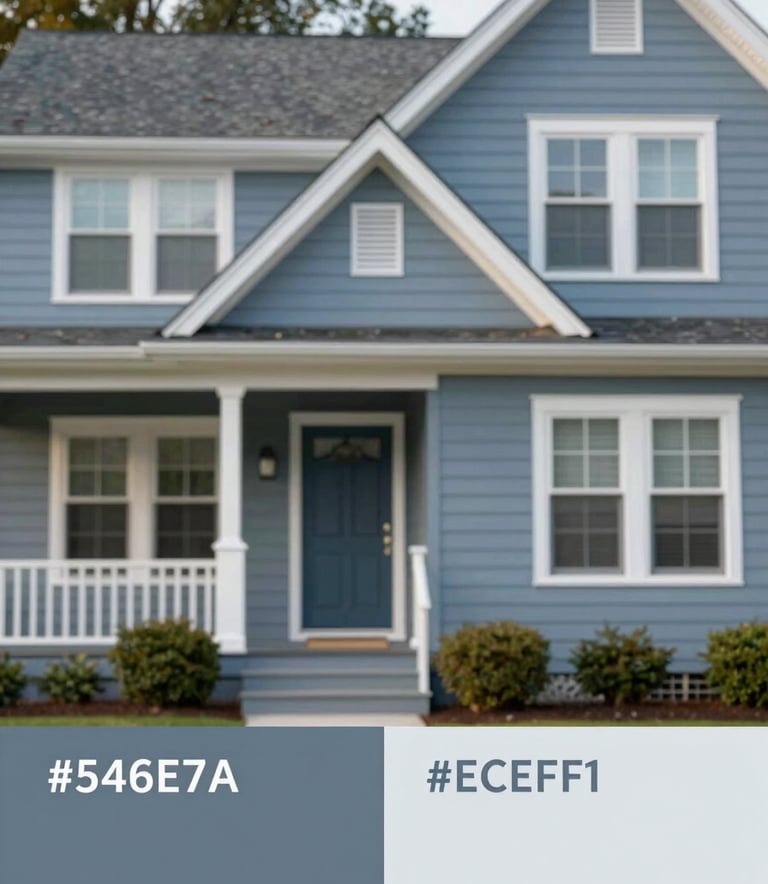 A high-quality photo of a residential home exterior in Connecticut with a fresh, professional coat of blue-gray paint. The lighting is crisp afternoon sun, highlighting the clean edges and modern aesthetic using the #546E7A and #ECEFF1 brand colors.