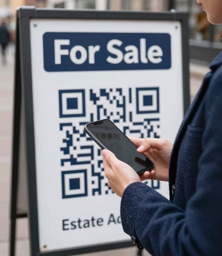 A close-up photograph in a Northern European city. A person wearing a professional navy blue wool coat is holding a sleek smartphone, scanning a crisp QR code on a high-quality white and dark navy estate agent 'For Sale' board. Natural morning light, clean street background.