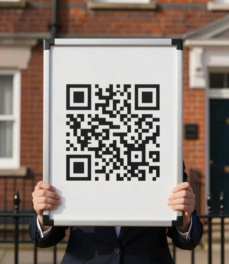 A professional estate agent board standing in front of a traditional British red-brick house. The board features a prominent, clean QR code. The lighting is bright and natural, reflecting a trustworthy and professional service. Palette colors of off-white and dark navy are visible.