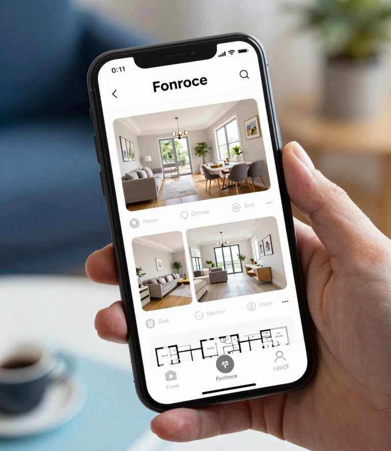 A close-up of a high-end smartphone screen displaying a detailed property listing with bright interior photos and floorplans. The phone is held by a hand in a modern British home environment. Lighting is clean and professional, with accents of medium blue and light blue from the palette.