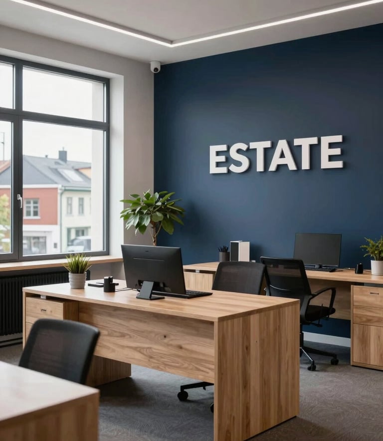 A wide shot of a modern, professional estate agency office in a Northern European town. The interior features clean lines, light-colored wooden desks, and dark navy blue accent walls. Large windows let in bright, soft daylight, reflecting an efficient and trustworthy business environment.
