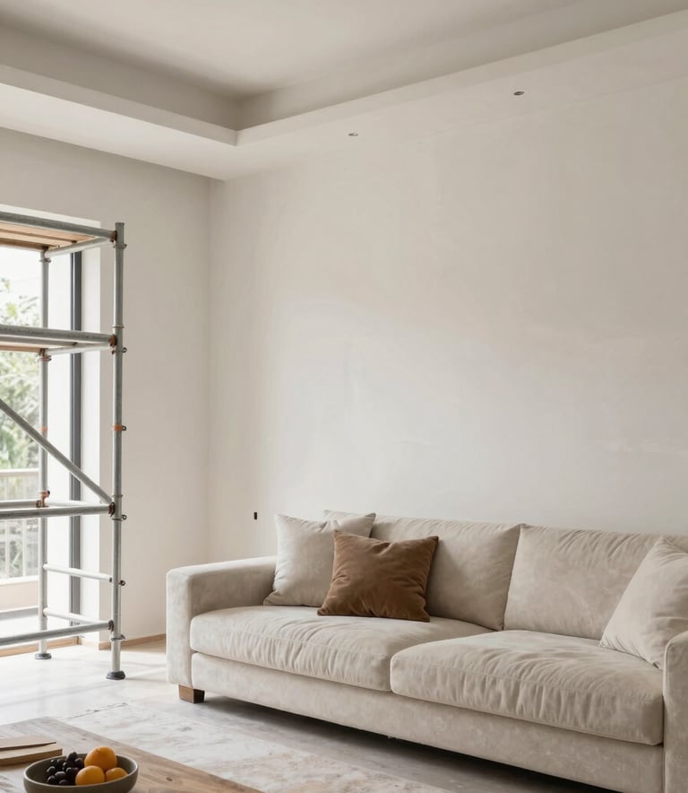 A modern South American Brazilian living room during a high-end renovation, showing clean plaster work, elegant soft off-white walls, and professional scaffolding, bright natural lighting.