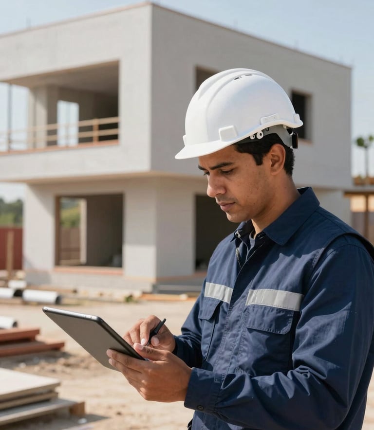 A professional South American / Brazilian contractor in a white safety helmet and midnight blue vest, reviewing architectural plans on a tablet at a bright, modern construction site. In the background, a residential structure with clean lines is under development. Natural daylight, solid and professional atmosphere.