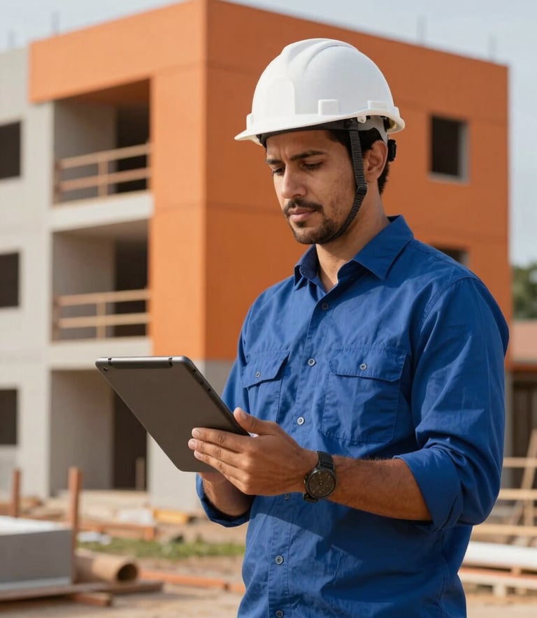 A South American Brazilian architect in a white hard hat and professional attire standing in front of a modern residential construction site, holding a digital tablet, soft daylight, vibrant orange and deep blue tones in the background.