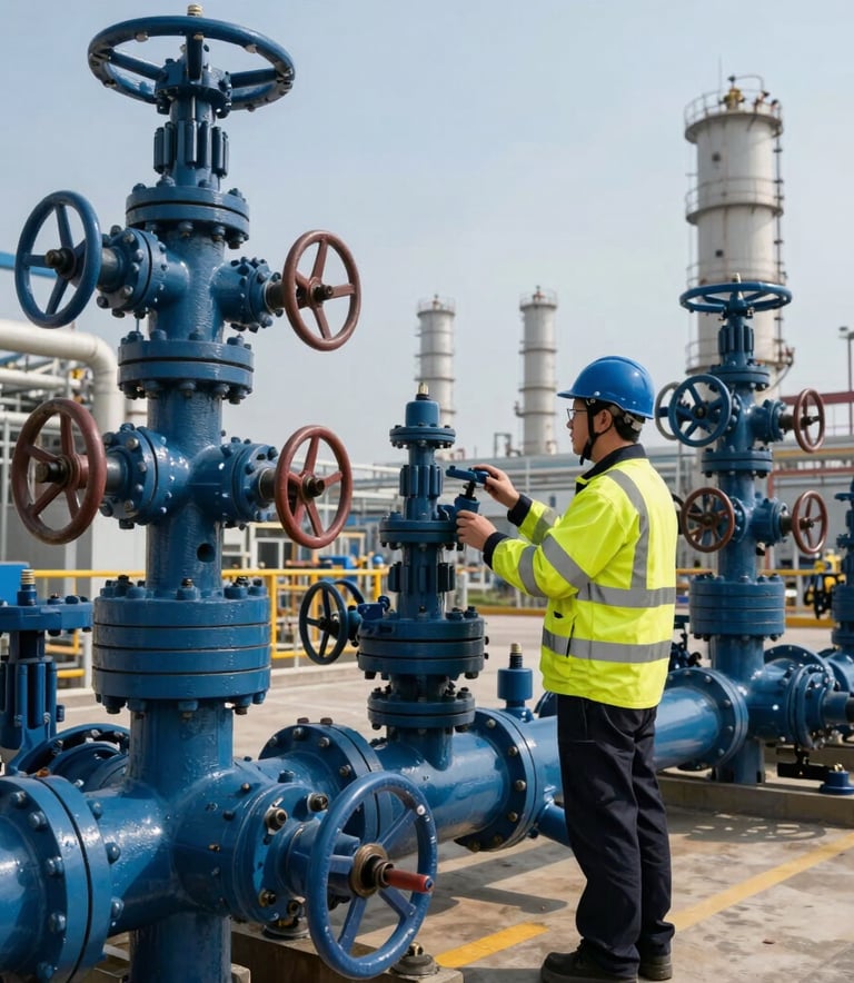 A professional wide shot of a technician in high-visibility safety gear inspecting complex industrial valves at a global energy plant, steel blue and deep navy tones, International / Global.