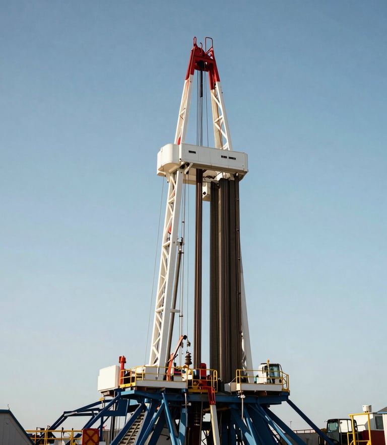A professional photograph of a modern oil drilling rig operating under a vast sky, with sharp metallic details and a clean, efficient aesthetic, International / Global.