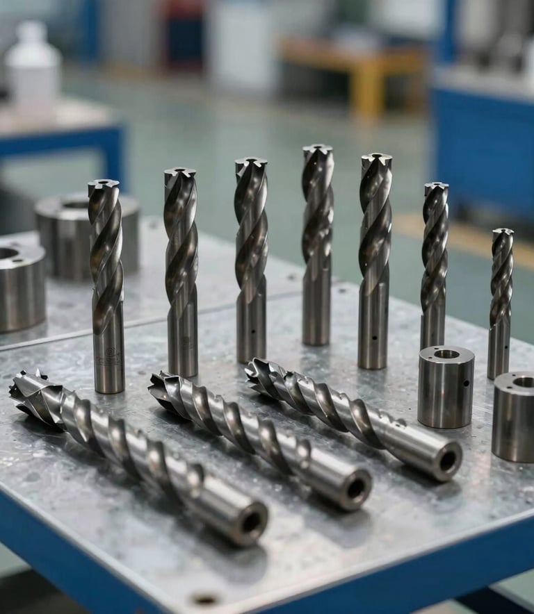 Clean, high-quality industrial drill bits and technical components arranged in a modern steel-blue warehouse, International / Global.