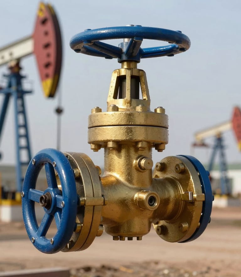 A close-up photograph of a heavy-duty industrial valve assembly with a polished gold finish and steel blue metallic components, set against an industrial oil field backdrop, professional lighting, International / Global setting.