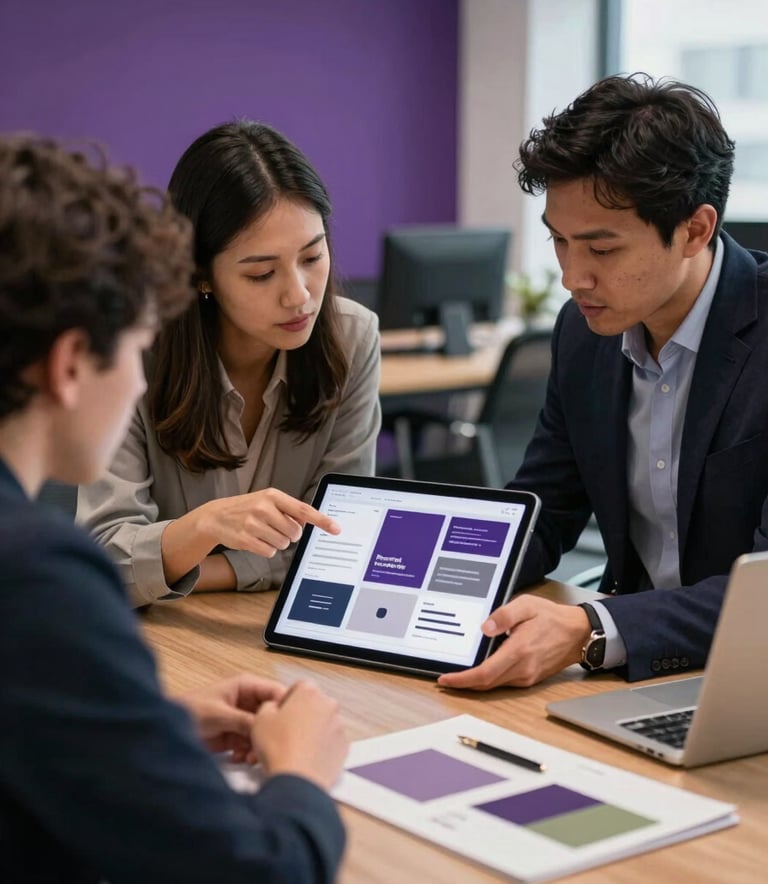 A collaborative team meeting in a North American / US office, with two professionals looking at a tablet displaying branding mood boards. Sophisticated, modern atmosphere with deep purple accents in the decor.