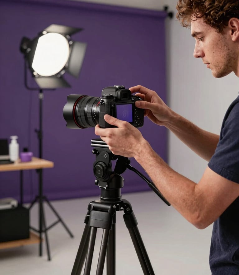 A high-end photography studio in a North American setting. A professional is adjusting a DSLR camera on a tripod to shoot a small business product. Soft, professional lighting fills the space, with deep purple accents in the studio decor. Modern and professional atmosphere.