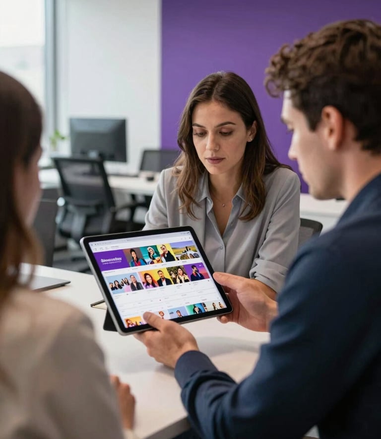 A collaborative team meeting in a modern North American office. Two professionals are looking at a tablet displaying a vibrant social media content calendar. The room is bright with natural light, featuring silver and deep purple brand colors in the background.