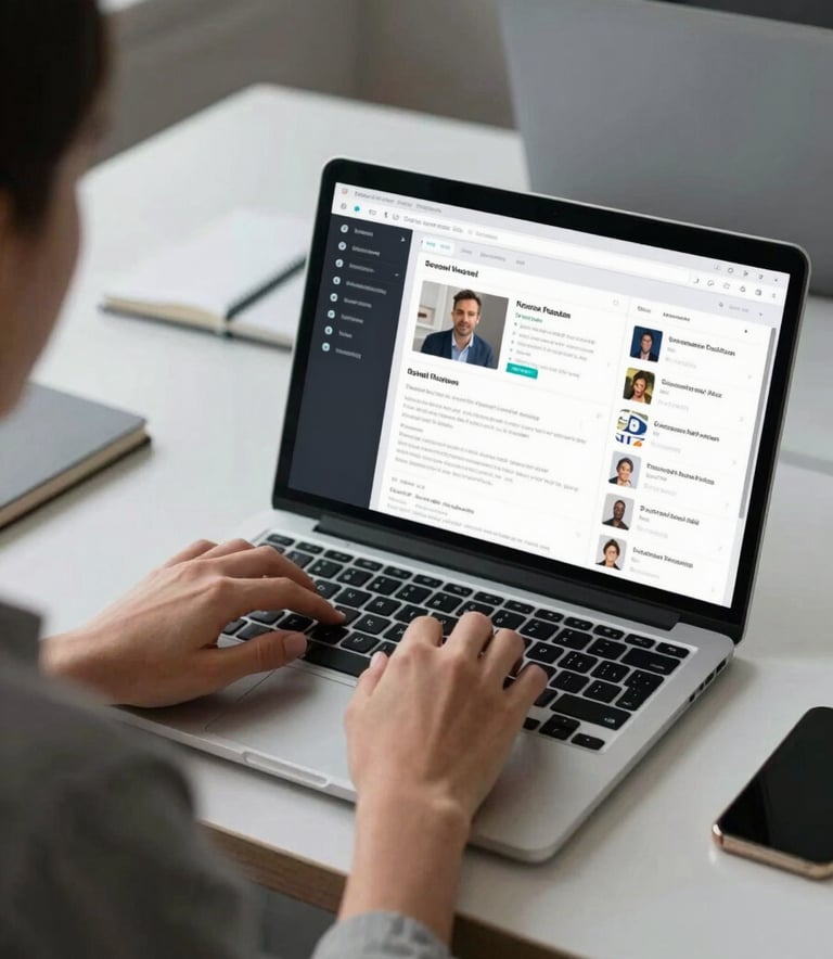 Over-the-shoulder shot of a digital marketer in a North American / US agency setting, typing on a laptop with a social media dashboard visible. Sophisticated desk setup with light grey and charcoal elements.