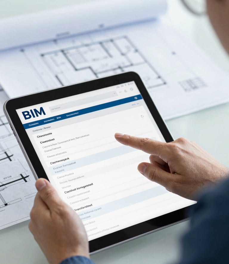A close-up shot of a professional BIM coordinator pointing at a clash detection report on a digital tablet. The background features blurred architectural blueprints with #7ABDCF and #EBF4F7 color accents.