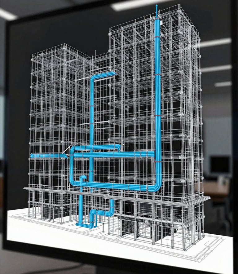 A high-precision wireframe 3D model of a complex structural building system shown on a large architectural display. The image uses a clean, technical style with color accents in #7ABDCF and #2E5F7B to highlight pipework and HVAC systems against a professional dark office background.
