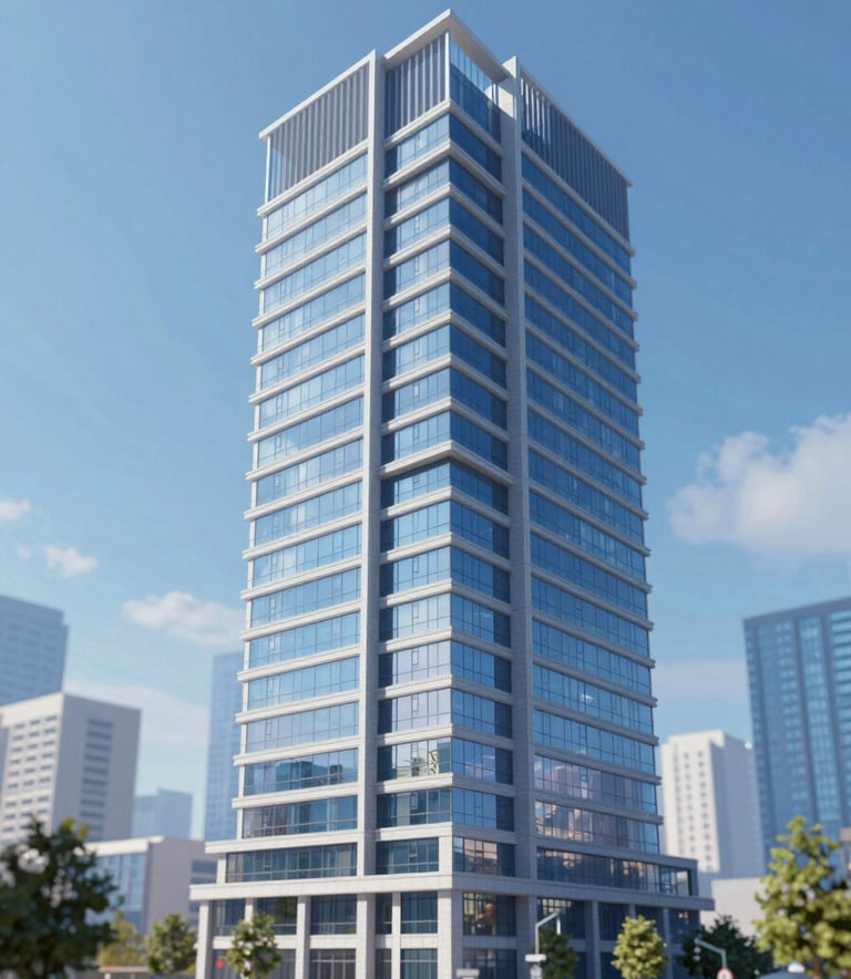 A vibrant 3D rendering of a large-scale commercial building showing structural, MEP, and architectural layers combined. The image uses a palette of #7ABDCF blues to showcase precision and detail.