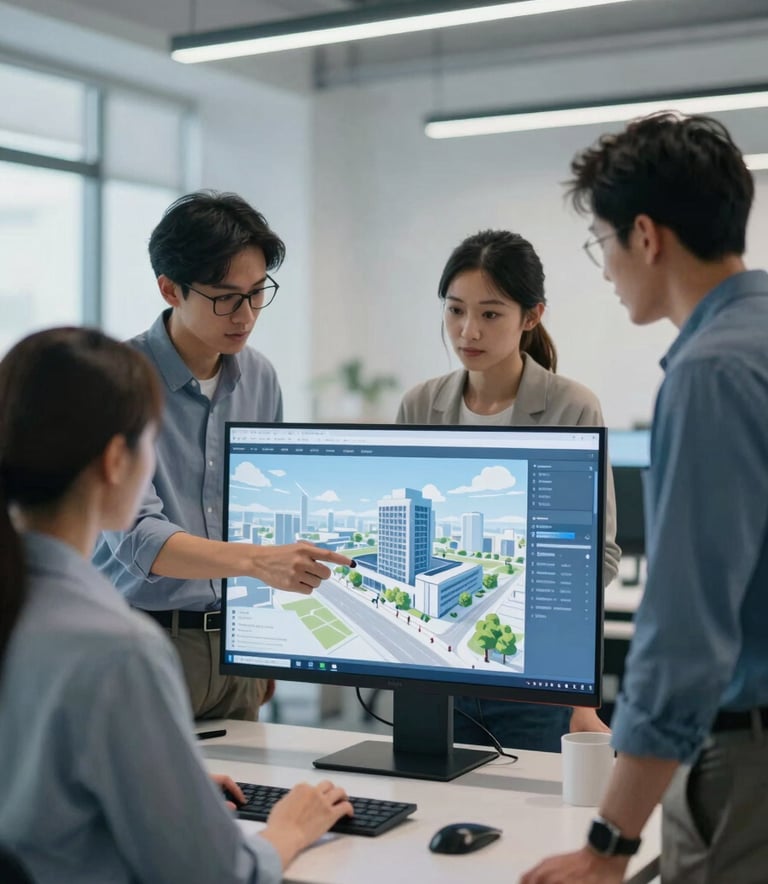 A collaborative office setting where architects are reviewing a digital twin on a sleek screen. The atmosphere is modern and efficient, with soft professional lighting and a color palette incorporating #EBF4F7 and #2E5F7B.