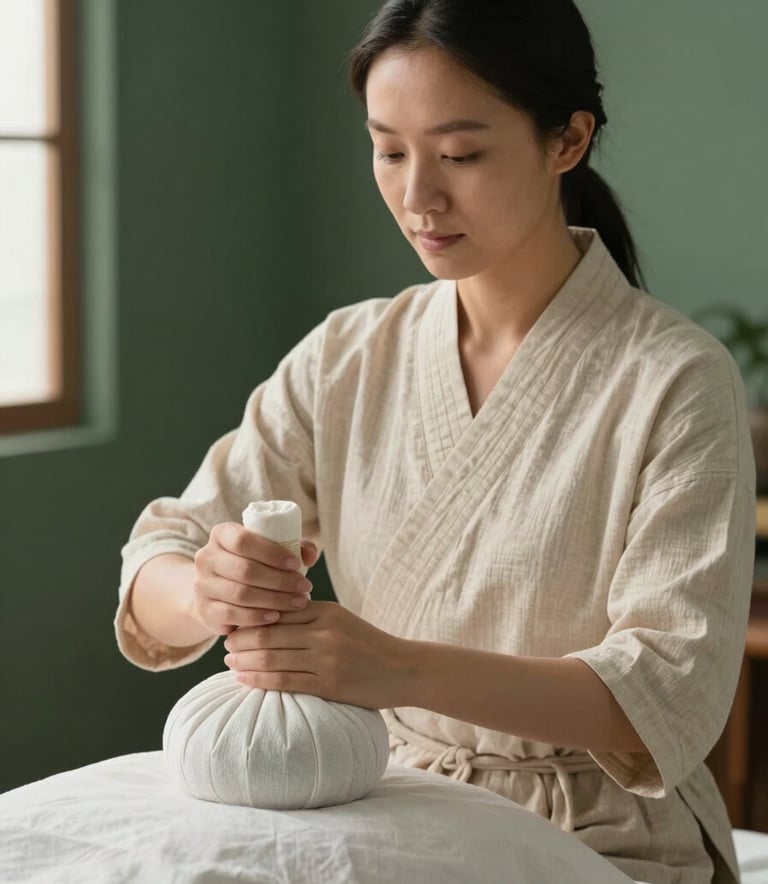A serene practitioner in traditional light-colored cotton attire preparing an herbal compress in a bright, modern studio with dark slate green accents.