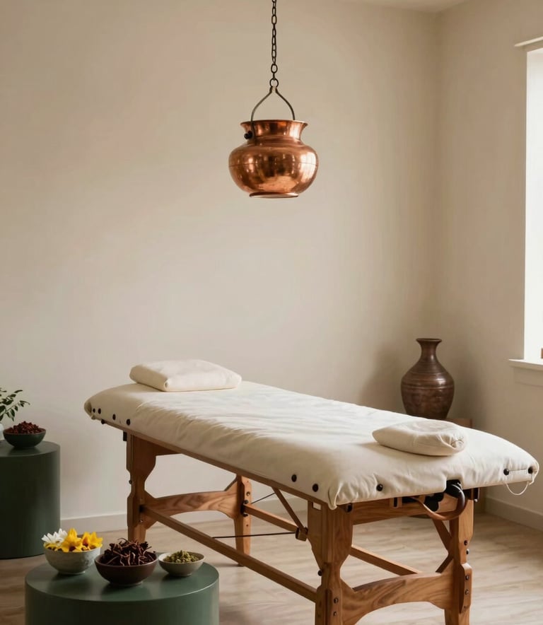 A professional Ayurvedic treatment room with a warm, minimalist aesthetic. A traditional wooden massage table sits in the center, and a polished copper vessel hangs above it. The room is filled with soft, natural light, and the walls are a Warm Off-White. Small bowls of medicinal herbs and flowers are arranged on a Dark Forest Green side table.