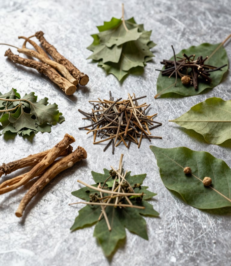 A collection of organic Ayurvedic herbs, dried roots, and vibrant green leaves arranged on a textured soft moss silver surface, captured in soft, high-key natural lighting.