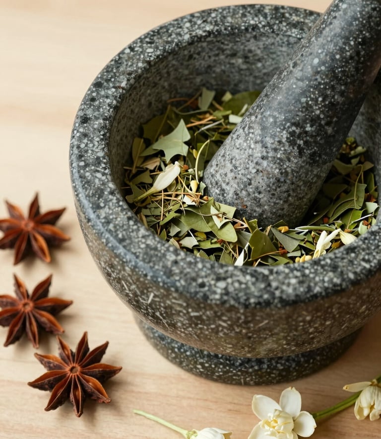 A close-up, overhead shot of a stone mortar and pestle containing crushed green leaves and herbs. Beside it lie whole dried spices and fresh jasmine petals on a light wood surface. The color palette includes Muted Moss Green and Warm Off-White. The lighting is soft morning sun, creating a serene and natural atmosphere.