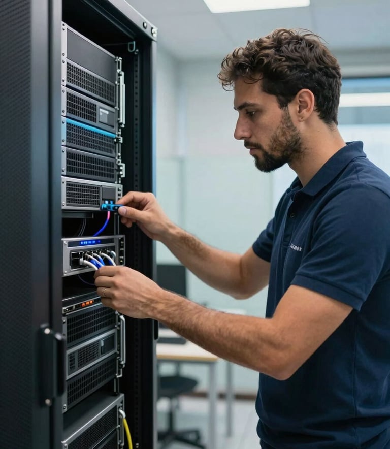 A professional IT technician in a clean, modern workspace examining a server rack, South American / Brazilian environment, bright and clear lighting with accents of soft blue and silver.