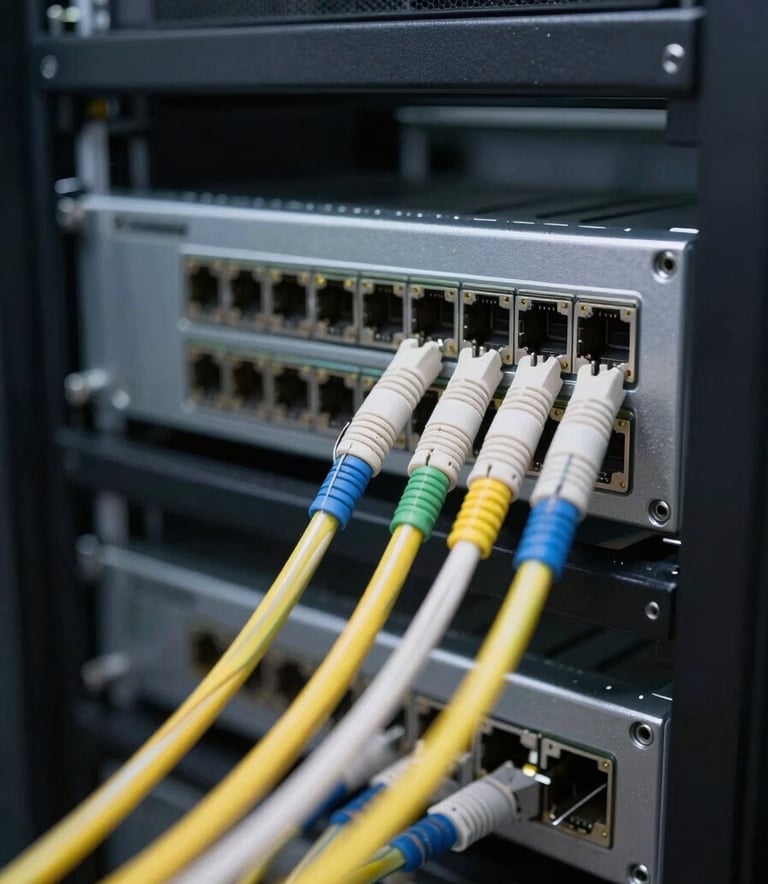 Close-up of high-speed fiber optic cables and networking hardware in a modern data center, professional photography, clean lighting emphasizing efficiency and modern technology.