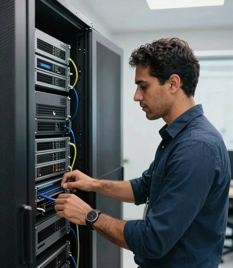 A focused South American IT technician in professional attire working on a network server rack, clean composition, lighting using soft white and silver tones, Brazilian office environment.