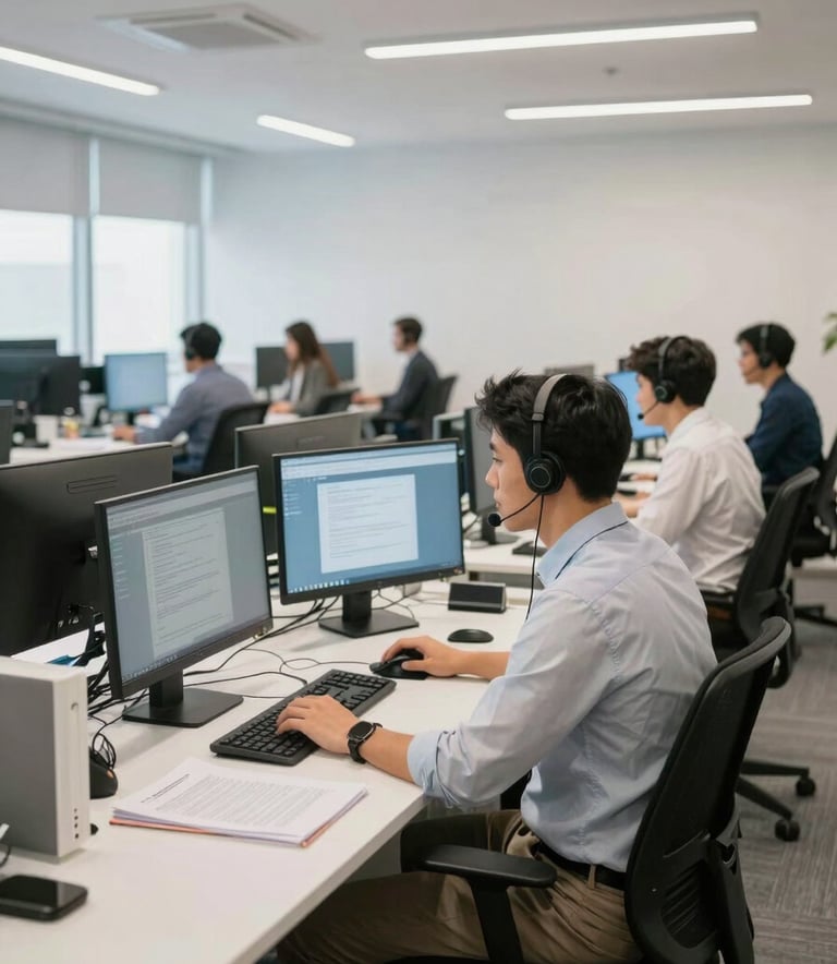 Clean, wide-angle shot of a modern Brazilian IT support office, with ergonomic workstations and professional staff in background, bright and airy atmosphere.