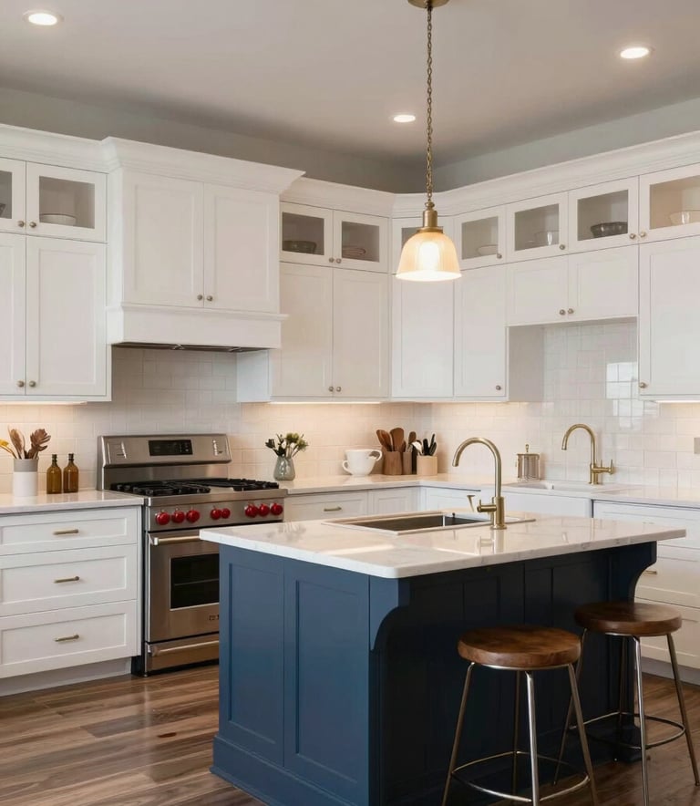 Interior photography of a recently renovated luxury kitchen, featuring custom white cabinets and a dark blue center island, professional lighting, North American / Texan upscale home style.