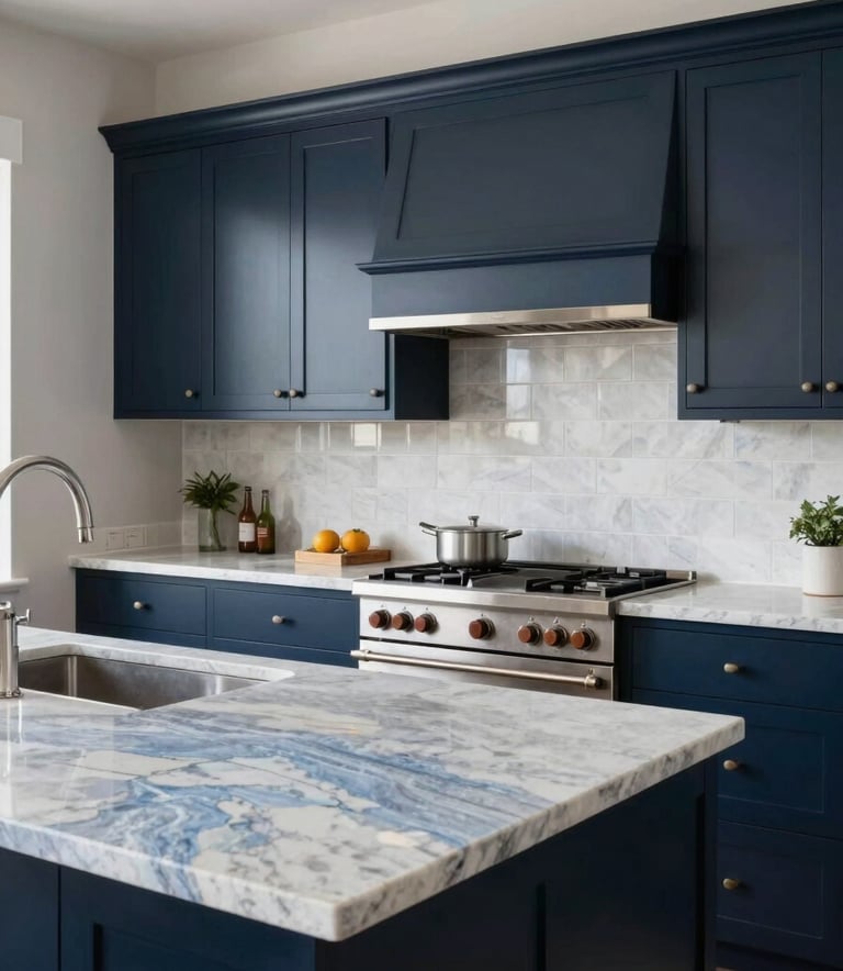 Photography of a high-end kitchen renovation in Texas, featuring custom dark navy cabinets and light blue-grey stone countertops, emphasizing modern professionalism and clean architectural lines in a North American home.