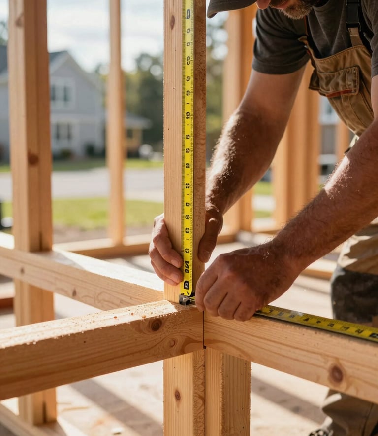 Close-up of a skilled tradesperson measuring timber framing for a new house addition, sunlight filtering through the structure, North American suburban setting, professional and rugged atmosphere.