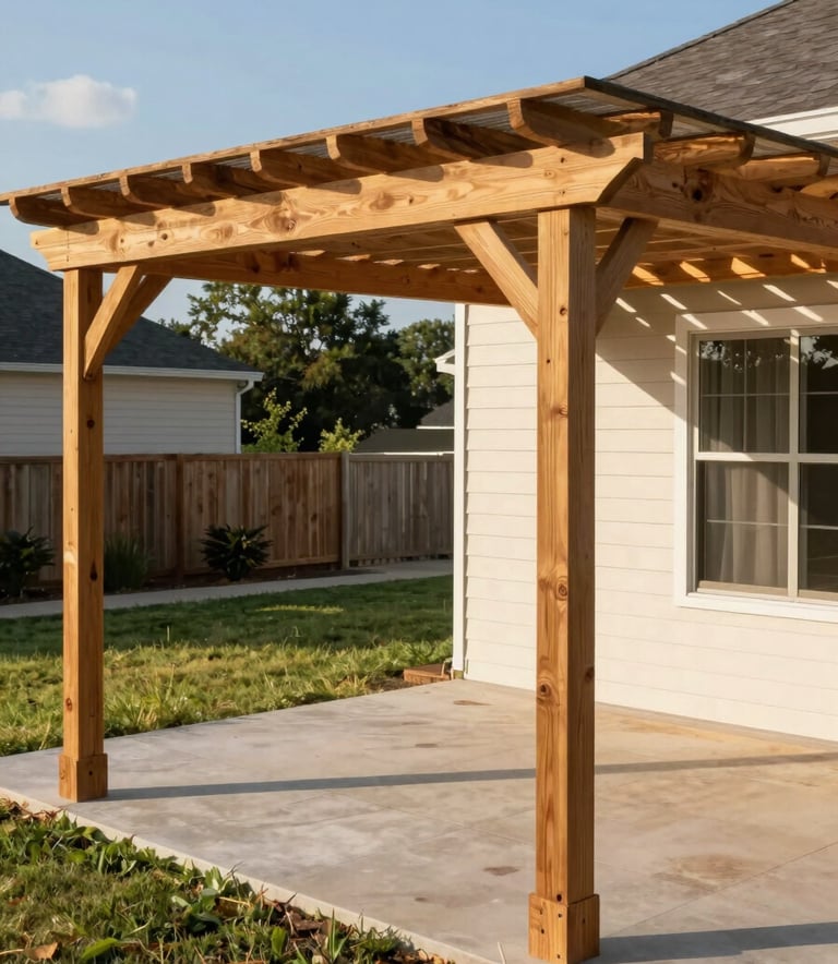 Professional high-angle photography of a newly constructed wooden pergola and patio cover in a North American suburban backyard in Texas, showcasing robust reliability and precise craftsmanship under a bright afternoon sun.