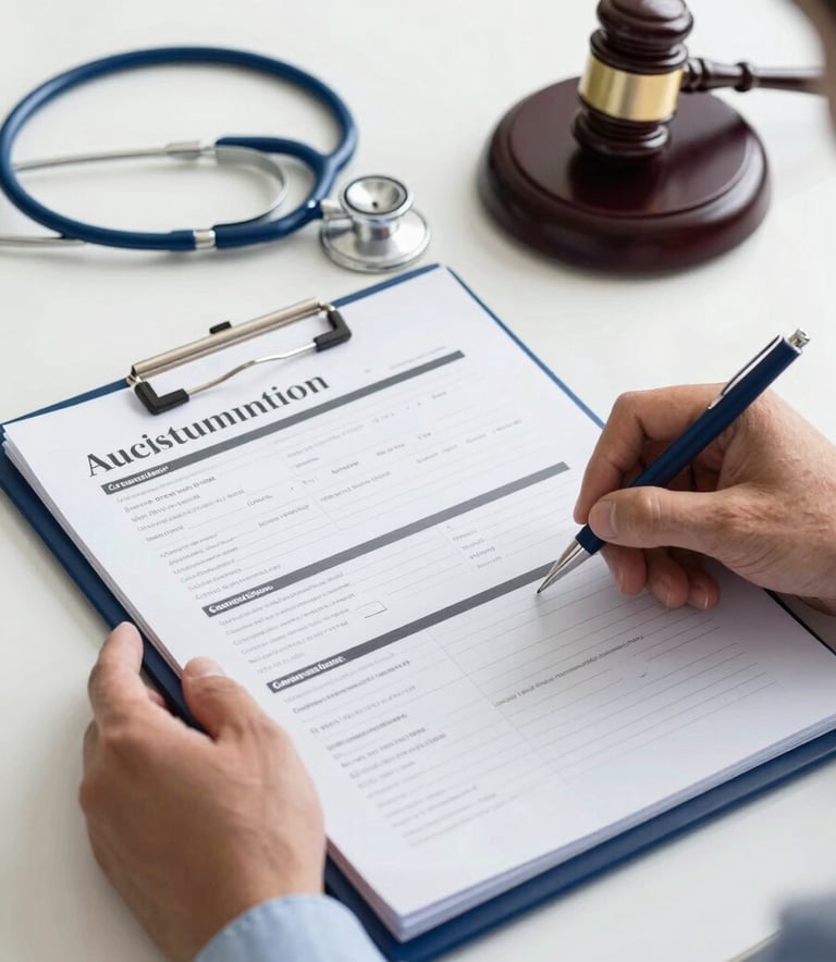 A detailed photograph of a professional analyzing a medical history folder and a forensic autopsy report on a clean desk. A stethoscope and a legal gavel rest nearby. Latin American / Spanish medical-legal context, bright clinical lighting with Slate Blue accents.