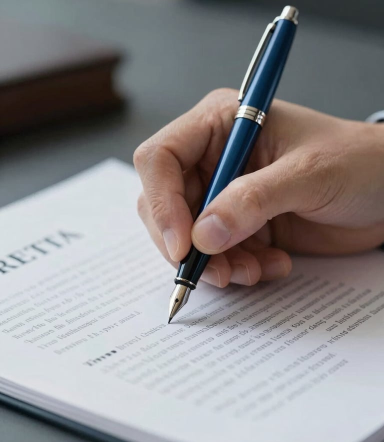 Close-up of a hand signing a legal document with a premium fountain pen, reflecting professional trust and official business setup, brand colors #212A3E and #687C92 incorporated in the shadows and pen detail.