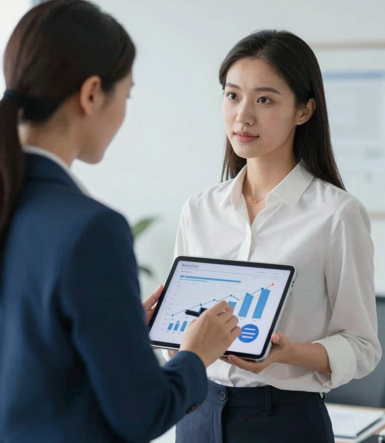 A professional female advisor in a modern office using a tablet to show financial growth charts, clean minimalist background with hints of corporate blue #405D72, soft natural lighting.