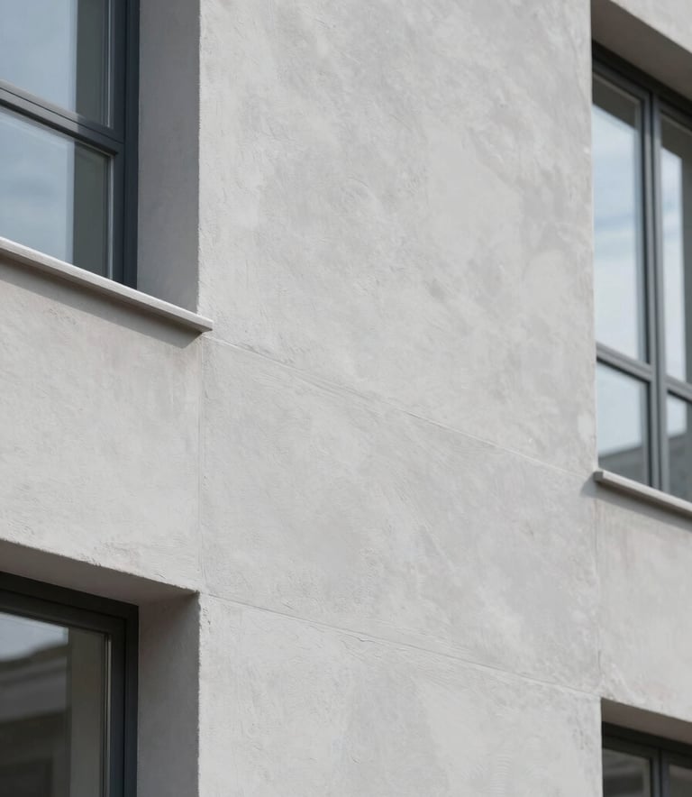A close-up of a perfectly executed light grey plaster facade (crépi) on a modern Western European building, showing smooth texture and professional finishing under bright daylight.