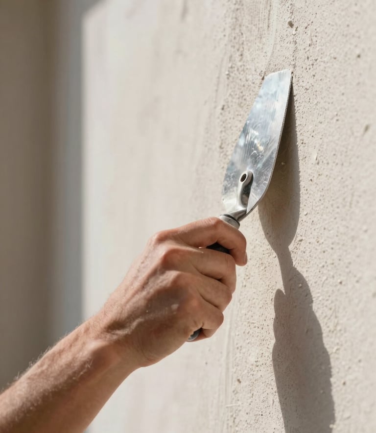 A close-up photograph of a skilled artisan applying high-quality facade plaster (crépi) with a trowel, capturing the fine texture and clean finish, natural bright daylight, set in a Western European construction site.