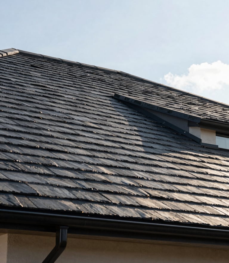 Low angle photography of a newly installed modern roof with dark slate tiles against a clear sky, showing expert craftsmanship and precision, clean architectural lines, Western European residential style.