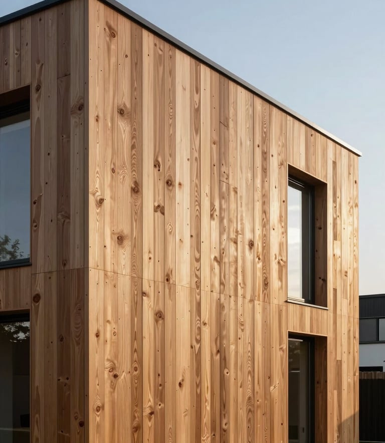 Professional photography of modern timber siding (bardage) on a contemporary residence, elegant lines, soft morning light, Western European / French architectural style.