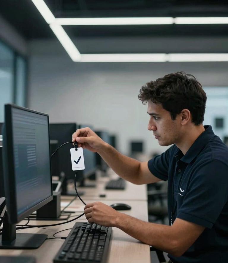 A professional wide-angle shot of a modern, clean NZ office interior with a technician discreetly placing a high-end, minimalist test tag on a computer cable. Dark, sophisticated tones with #2D3A4B shadows.