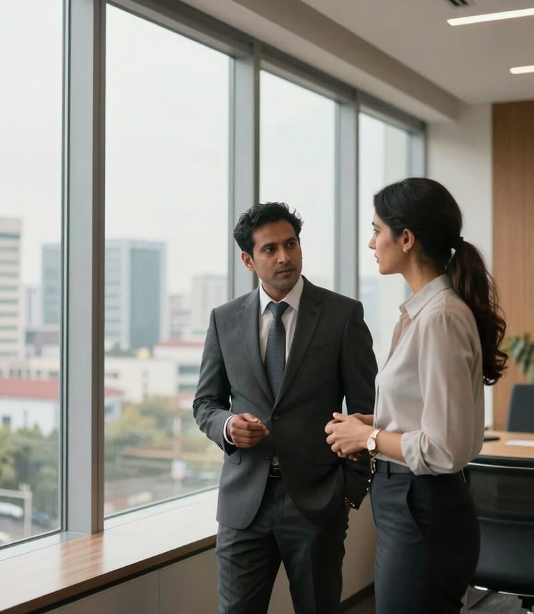 A professional South Asian man and woman in business attire having a discussion in a sophisticated, modern office with floor-to-ceiling windows overlooking a Noida cityscape. Warm, natural lighting, clean lines, and a professional, trustworthy atmosphere.