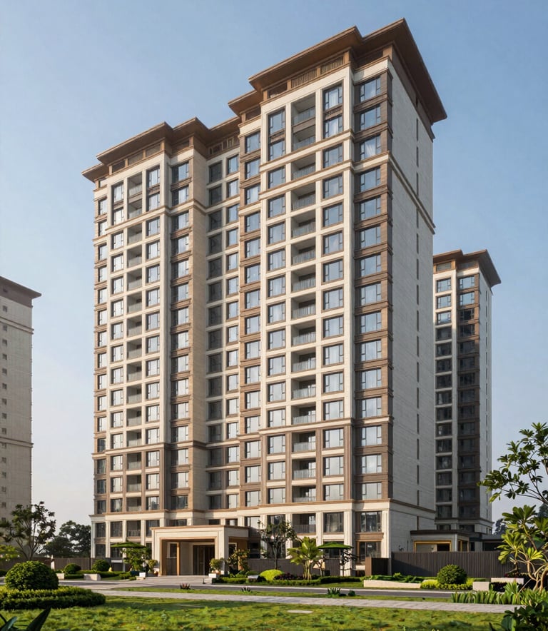Luxury high-rise residential apartment complex in Noida, South Asian / Indian landscaping with manicured gardens and blue sky, realistic high-definition property photography.